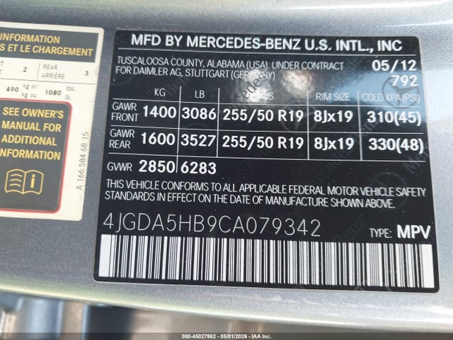 Продажа на аукционе авто 2012 Mercedes-benz Ml 350 4matic, vin: 4JGDA5HB9CA079342, номер лота: 45027982