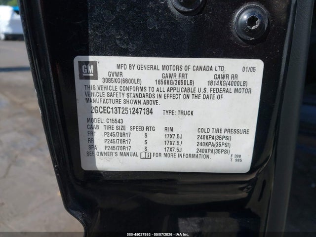2005 Chevrolet Silverado 1500 Lt მანქანა იყიდება აუქციონზე, vin: 2GCEC13T251247184, აუქციონის ნომერი: 45027993
