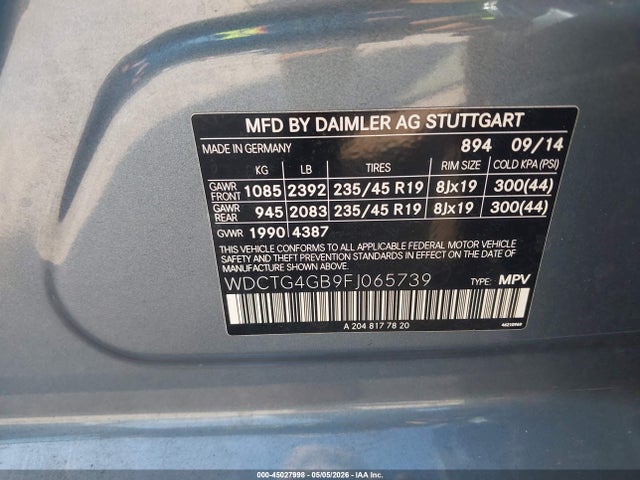 Продажа на аукционе авто 2015 Mercedes-benz Gla 250 4matic, vin: WDCTG4GB9FJ065739, номер лота: 45027998