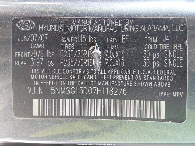 Продаж на аукціоні авто 2007 Hyundai Santa Fe Gls, vin: 5NMSG13D07H118276, номер лоту: 45028007