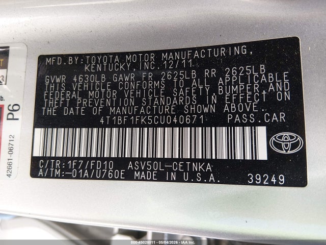 Aukcja sprzedaży 2012 Toyota Camry Le, vin: 4T1BF1FK5CU040671, numer aukcji: 45028011