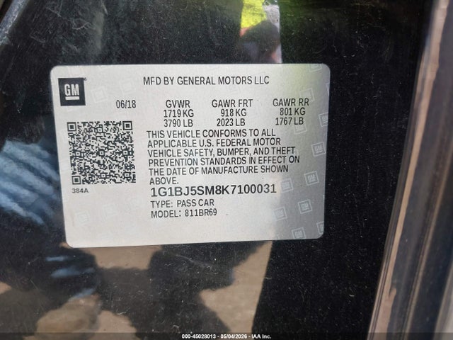 45028013 :رقم المزاد ، 1G1BJ5SM8K7100031 vin ، 2019 Chevrolet Cruze Diesel مزاد بيع