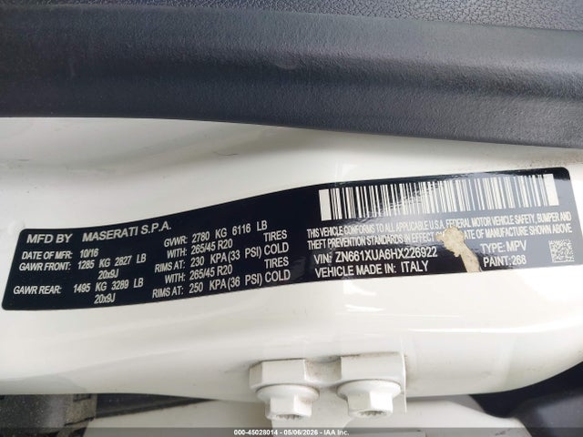 Продажа на аукционе авто 2017 Maserati Levante, vin: ZN661XUA6HX226922, номер лота: 45028014