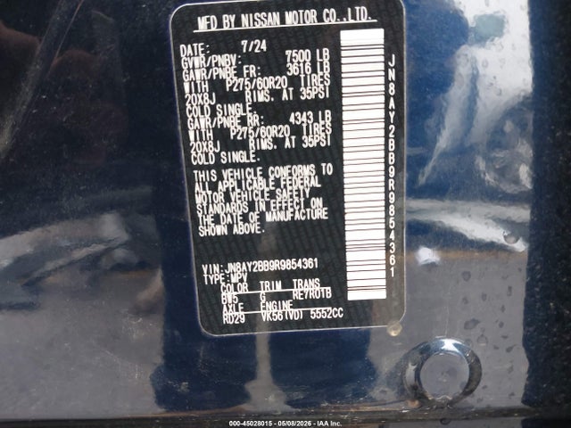 Продажа на аукционе авто 2024 Nissan Armada Sl 4wd, vin: JN8AY2BB9R9854361, номер лота: 45028015