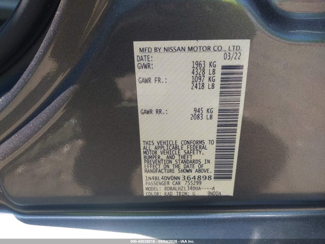 Продажа на аукционе авто 2022 Nissan Altima Sv Fwd, vin: 1N4BL4DV0NN364898, номер лота: 45028016