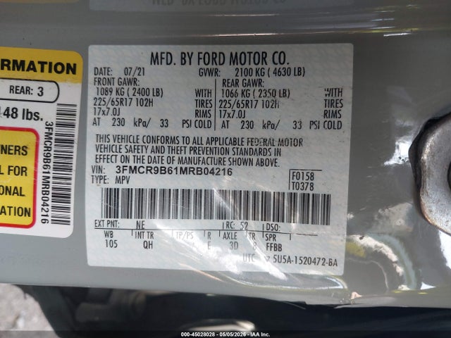 Продаж на аукціоні авто 2021 Ford Bronco Sport Big Bend, vin: 3FMCR9B61MRB04216, номер лоту: 45028028