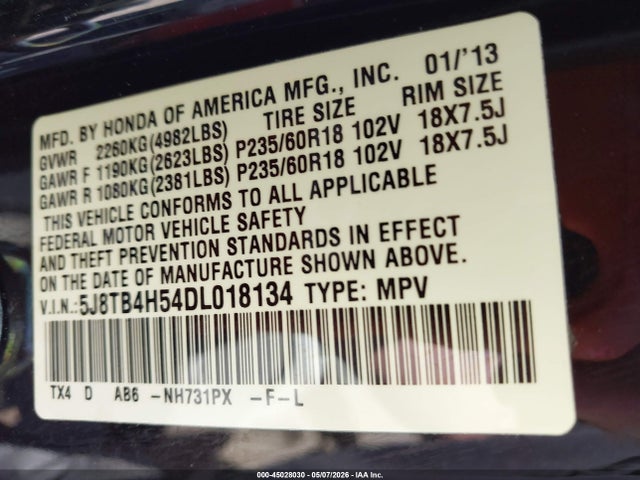 45028030 :رقم المزاد ، 5J8TB4H54DL018134 vin ، 2013 Acura Rdx مزاد بيع
