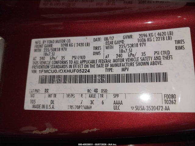 Продажа на аукционе авто 2017 Ford Escape Titanium, vin: 1FMCU0JDXHUF05224, номер лота: 45028031