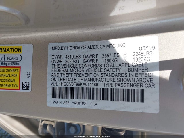 2019 Honda Accord Hybrid Touring მანქანა იყიდება აუქციონზე, vin: 1HGCV3F99KA014189, აუქციონის ნომერი: 45028035