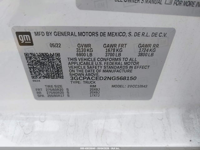 Aukcja sprzedaży 2022 Chevrolet Silverado 1500 2wd  Short Bed Lt, vin: 3GCPACED2NG568150, numer aukcji: 45028040