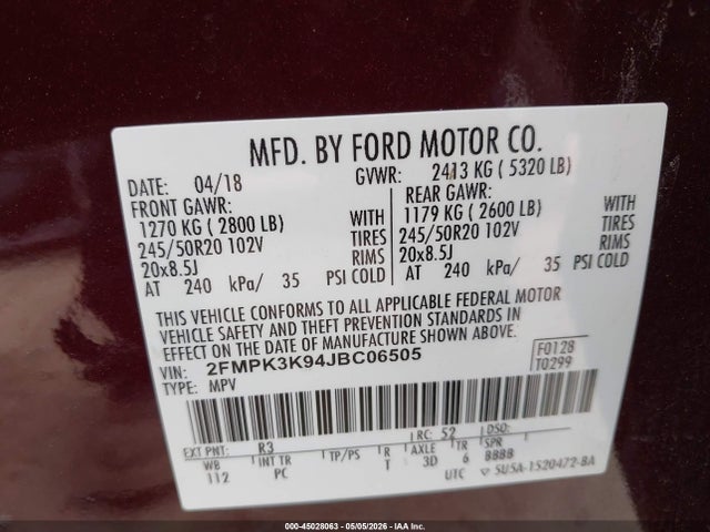 2018 Ford Edge Titanium მანქანა იყიდება აუქციონზე, vin: 2FMPK3K94JBC06505, აუქციონის ნომერი: 45028063