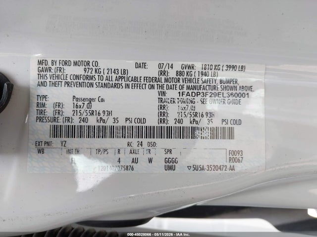 Продаж на аукціоні авто 2014 Ford Focus Se, vin: 1FADP3F29EL360001, номер лоту: 45028066