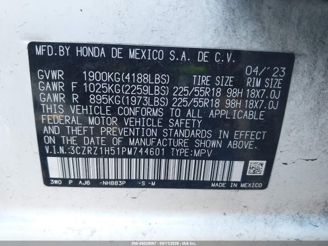 3CZRZ1H51PM744601 Honda Hr-v 2wd Sport