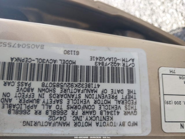 45028069 :رقم المزاد ، 4T1BE32K92U585078 vin ، 2002 Toyota Camry Le مزاد بيع