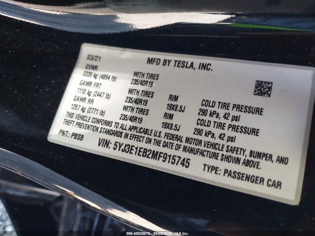 45028070 :رقم المزاد ، 5YJ3E1EB2MF915745 vin ، 2021 Tesla Model 3 Long Range Dual Motor All-wheel Drive مزاد بيع
