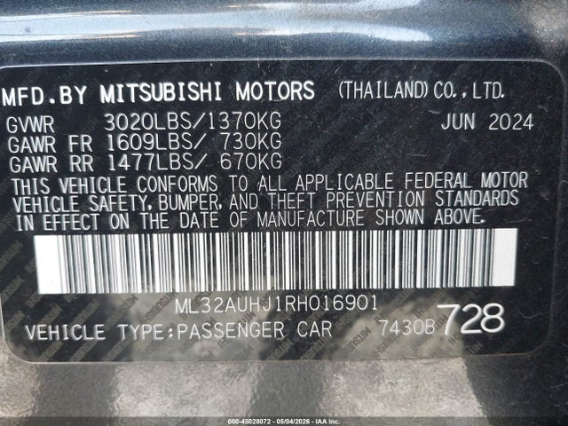Продаж на аукціоні авто 2024 Mitsubishi Mirage Es/le, vin: ML32AUHJ1RH016901, номер лоту: 45028072