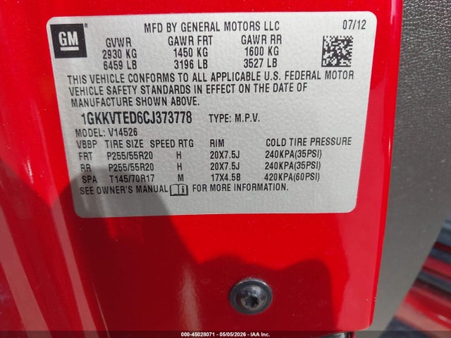 45028071 :رقم المزاد ، 1GKKVTED6CJ373778 vin ، 2012 Gmc Acadia Denali مزاد بيع