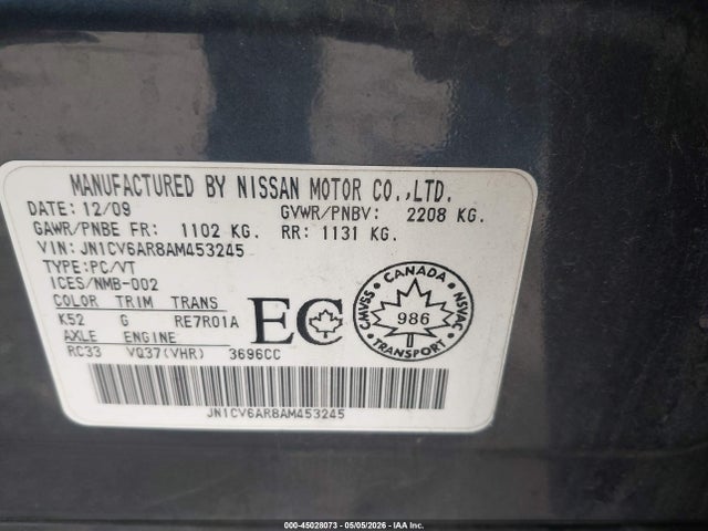 2010 Infiniti G37x მანქანა იყიდება აუქციონზე, vin: JN1CV6AR8AM453245, აუქციონის ნომერი: 45028073