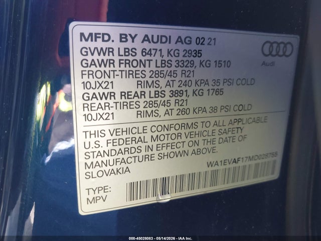 WA1EVAF17MD028755 Audi Q8 Premium Plus 55 Tfsi Quattro Tiptronic