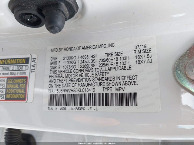Honda Cr-v Ex-l 2019 5J6RW2H85KL018419 Image 9