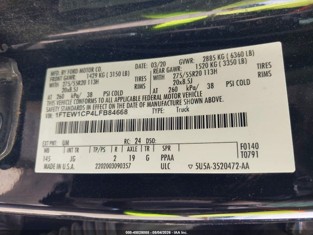 2020 Ford F-150 Xl მანქანა იყიდება აუქციონზე, vin: 1FTEW1CP4LFB84668, აუქციონის ნომერი: 45028088