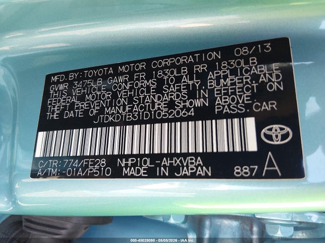 2013 Toyota Prius C One მანქანა იყიდება აუქციონზე, vin: JTDKDTB31D1052064, აუქციონის ნომერი: 45028090