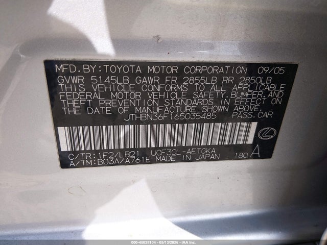 Продаж на аукціоні авто 2006 Lexus Ls 430, vin: JTHBN36F165035485, номер лоту: 45028104
