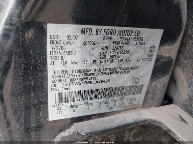 45028120 :رقم المزاد ، 1FTSW21R68EA45426 vin ، 2008 Ford F-250 Fx4/harley-davidson/king Ranch/lariat/xl/xlt مزاد بيع