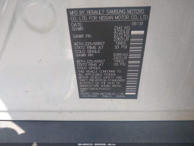 45028125 :رقم المزاد ، KNMAT2MVXLP519727 vin ، 2020 Nissan Rogue Sv Intelligent Awd مزاد بيع