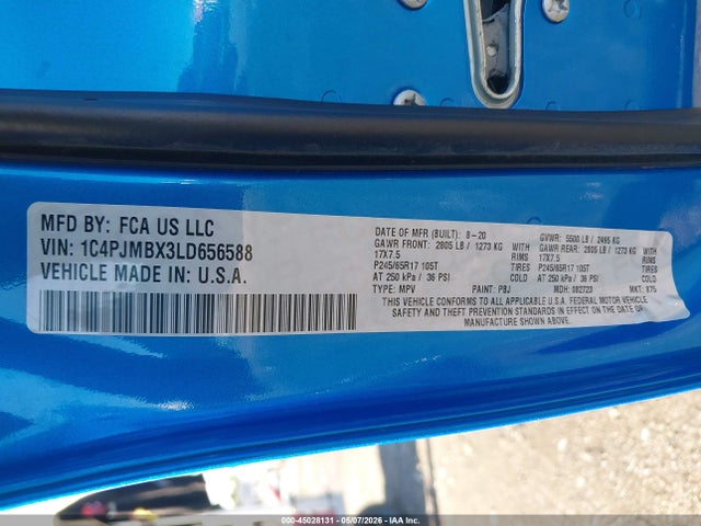 Продаж на аукціоні авто 2020 Jeep Cherokee Trailhawk 4x4, vin: 1C4PJMBX3LD656588, номер лоту: 45028131