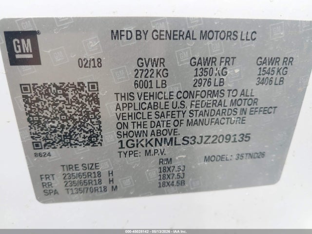 2018 Gmc Acadia Slt-1 მანქანა იყიდება აუქციონზე, vin: 1GKKNMLS3JZ209135, აუქციონის ნომერი: 45028142