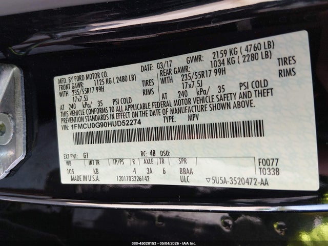 45028153 :رقم المزاد ، 1FMCU0G90HUD52274 vin ، 2017 Ford Escape Se مزاد بيع