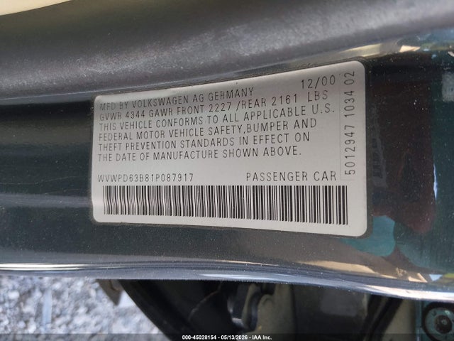 Продаж на аукціоні авто 2001 Volkswagen Passat Gls, vin: WVWPD63B81P087917, номер лоту: 45028154