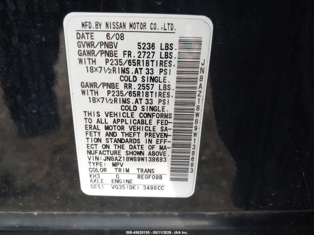 Продаж на аукціоні авто 2009 Nissan Murano S, vin: JN8AZ18W89W138683, номер лоту: 45028155