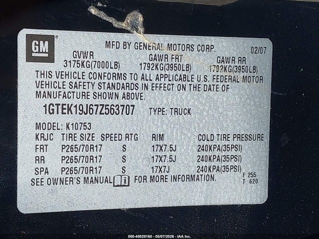 45028160 :رقم المزاد ، 1GTEK19J67Z563707 vin ، 2007 Gmc Sierra 1500 Sle1 مزاد بيع