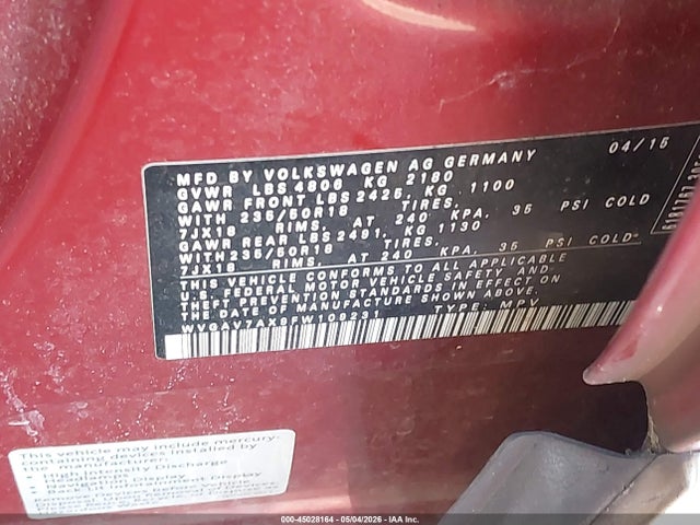 Auction sale of the 2015 Volkswagen Tiguan Sel, vin: WVGAV7AX9FW109231, lot number: 45028164