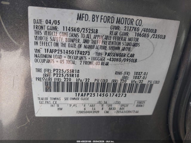 Aukcja sprzedaży 2005 Ford Five Hundred Limited, vin: 1FAFP25145G174273, numer aukcji: 45028166