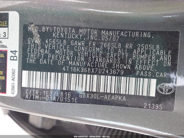 Aukcja sprzedaży 2007 Toyota Avalon Limited, vin: 4T1BK36BX7U243679, numer aukcji: 45028182