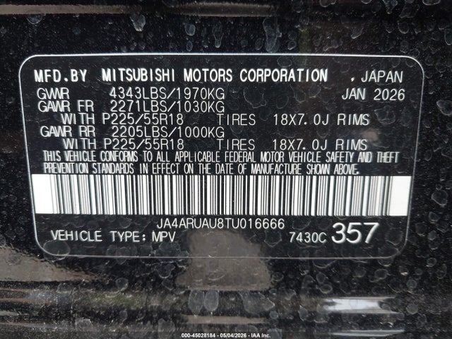 2026 Mitsubishi Outlander Sport 2.0 Es/2.0 Le/2.0 Ralliart/2.0 S/2.0 Se/2.0 Trail Edition მანქანა იყიდება აუქციონზე, vin: JA4ARUAU8TU016666, აუქციონის ნომერი: 45028184