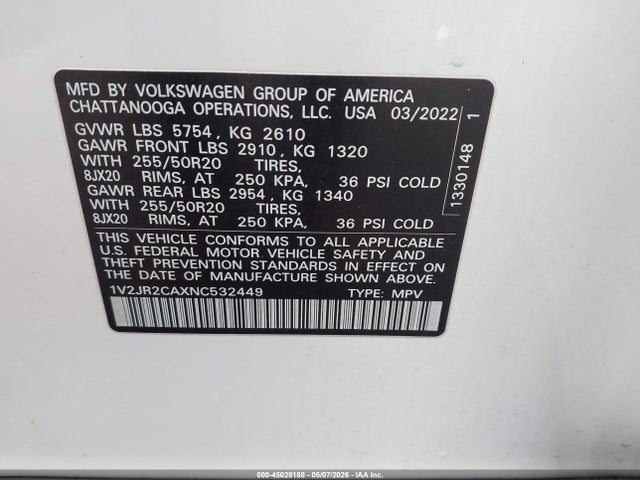 Aukcja sprzedaży 2022 Volkswagen Atlas 3.6l V6 Se W/technology, vin: 1V2JR2CAXNC532449, numer aukcji: 45028188