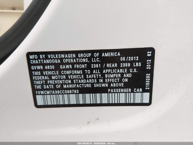 Продаж на аукціоні авто 2012 Volkswagen Passat 3.6l V6 Sel Premium, vin: 1VWCM7A39CC096763, номер лоту: 45028212