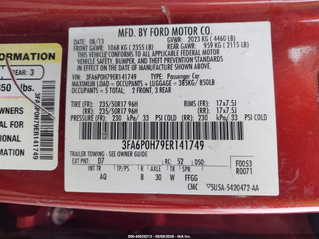 45028213 :رقم المزاد ، 3FA6P0H79ER141749 vin ، 2014 Ford Fusion Se مزاد بيع