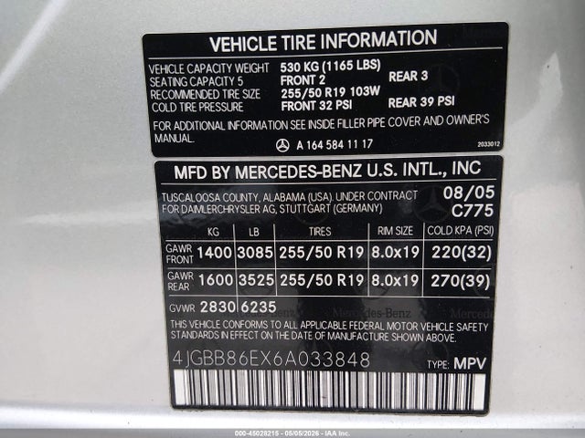 2006 Mercedes-benz Ml 350 4matic მანქანა იყიდება აუქციონზე, vin: 4JGBB86EX6A033848, აუქციონის ნომერი: 45028215