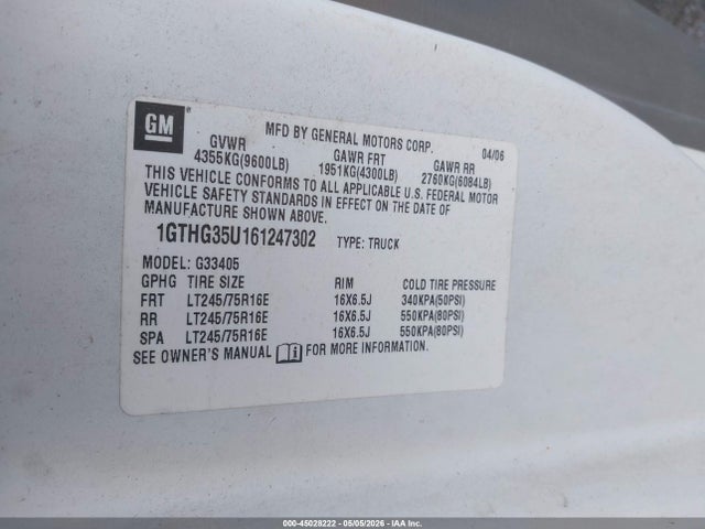 45028222 :رقم المزاد ، 1GTHG35U161247302 vin ، 2006 Gmc Savana Work Van مزاد بيع