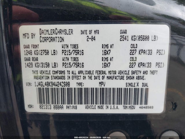 Продажа на аукционе авто 2004 Jeep Liberty Sport, vin: 1J4GL48K94W242608, номер лота: 45028224