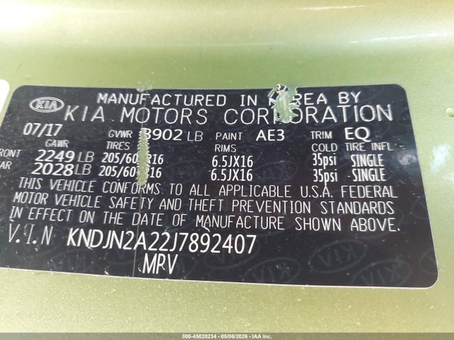 Продаж на аукціоні авто 2018 Kia Soul, vin: KNDJN2A22J7892407, номер лоту: 45028234