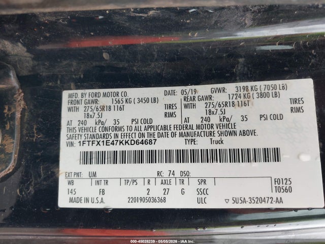 1FTFX1E47KKD64687 Ford F-150 Xlt