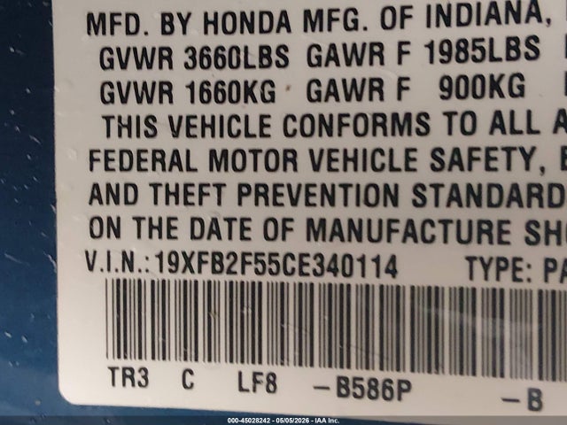 2012 Honda Civic Lx მანქანა იყიდება აუქციონზე, vin: 19XFB2F55CE340114, აუქციონის ნომერი: 45028242