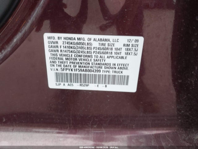 45028244 :رقم المزاد ، 5FPYK1F59AB004399 vin ، 2010 Honda Ridgeline Rtl مزاد بيع