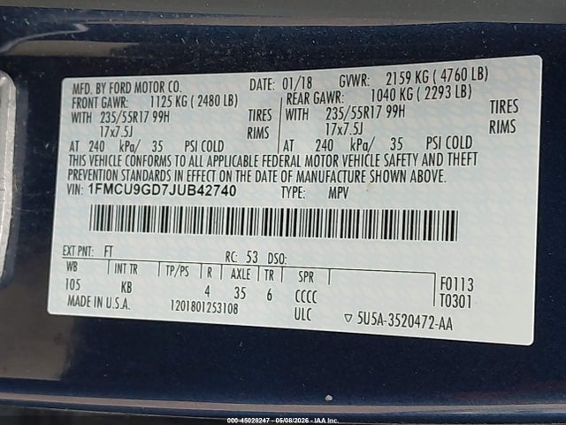 Продажа на аукционе авто 2018 Ford Escape Se, vin: 1FMCU9GD7JUB42740, номер лота: 45028247